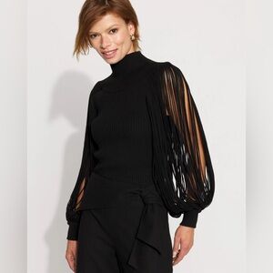 WHBM Black Fringe Sleeve Mockneck Pullover Sweater
